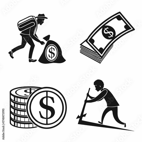Four black silhouette vector designs of money and people