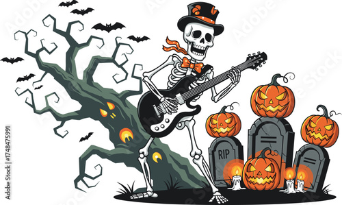 Halloween skeleton playing electric guitar, spooky rock musician illustration with pumpkins and graveyard, haunted night scene with bats  festive Halloween party design vector illustration fast