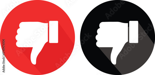Two flat design thumbs down icons one red one black with shadows dislike negative