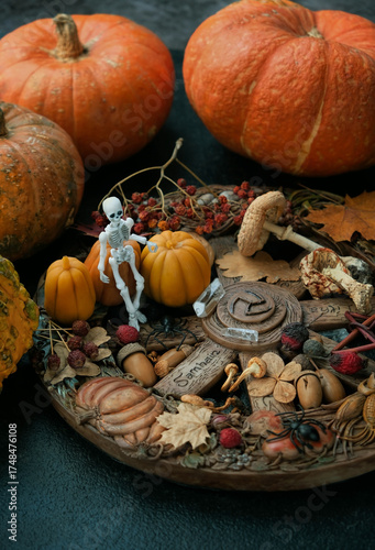 Wiccan altar for Samhain. wheel of the year with amulets, pumpkins close up on dark abstract background. witch stuff. esoteric ritual, magic, Witchcraft concept. symbol of Samhain, Halloween holidays