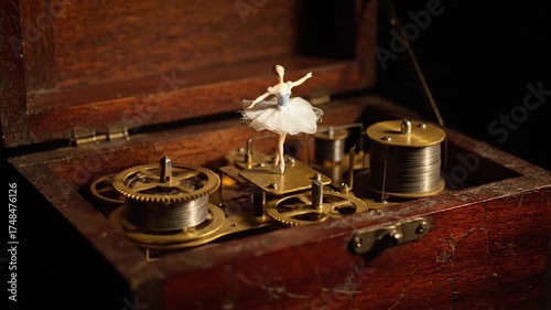 Vintage Ballerina Music Box Close-Up - Intricate Mechanism and Delicate Dancer.