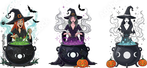 Halloween witch brewing potion in magic cauldron, spooky sorceress character illustration with pumpkins and bats, mystical fantasy art concept, gothic magical spell theme vector illustration fast