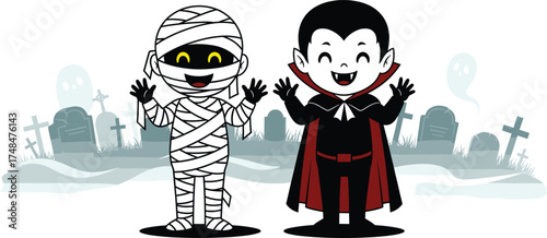 Halloween vampire and mummy cartoon characters, cute spooky kids costume illustration with graveyard and ghost background, fun horror night scene for  trick or treat design vector illustration, fast