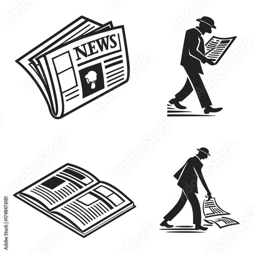 Four black silhouette vector designs of newspapers and men