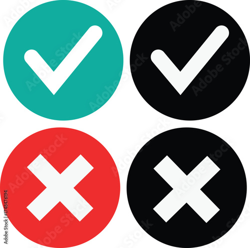 Four circular icons with white checkmarks and crosses on teal red and black backgrounds check mark