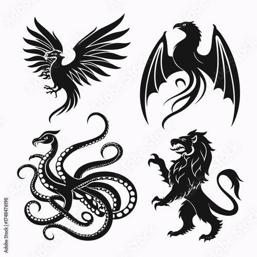 Four black silhouette vector designs of mythical creatures