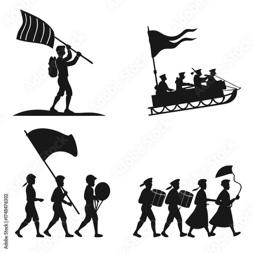 Four black silhouette vector designs of parades white