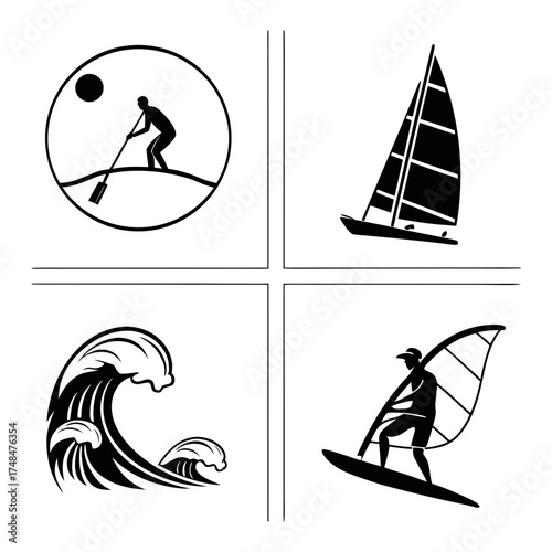 Four black silhouette vector designs of water sports