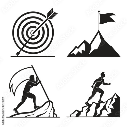 Four black silhouette vector graphics of achievement and effort