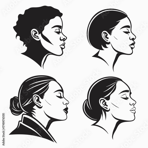 Four black silhouette vector portraits of women woman