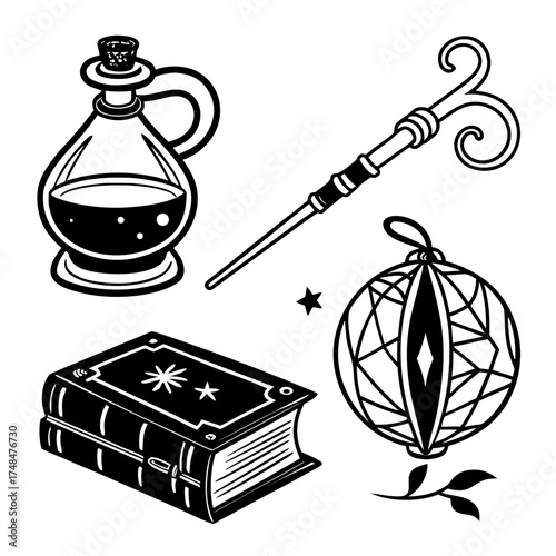 Black silhouette magic items potion bottle wand book orb