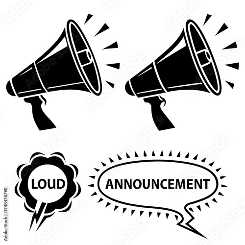 Black silhouette megaphones and speech bubbles with text