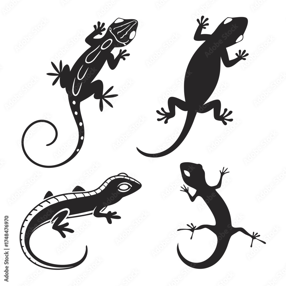 Naklejka premium Four black lizard silhouettes with decorative patterns