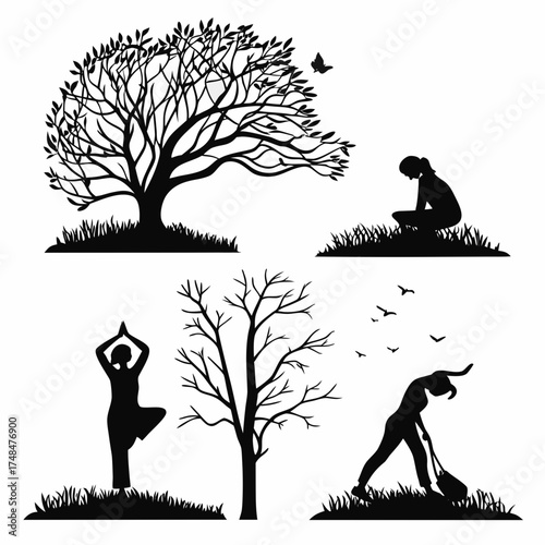 Black silhouettes of people and trees on grass white