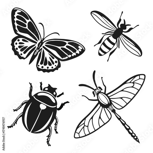 Four black insect silhouettes butterfly beetle dragonfly wasp