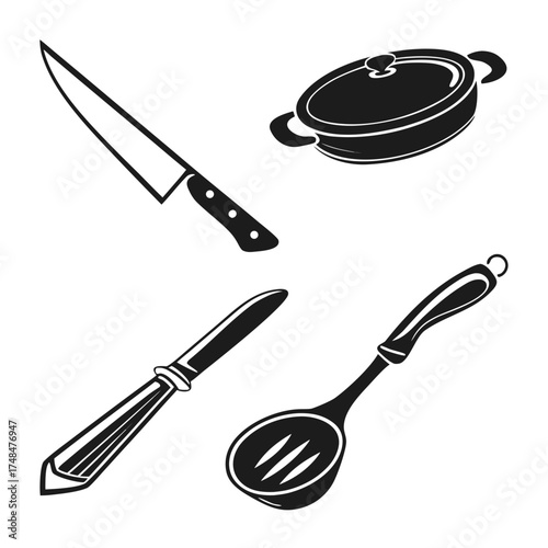 Four black kitchen utensil silhouettes on white cooking