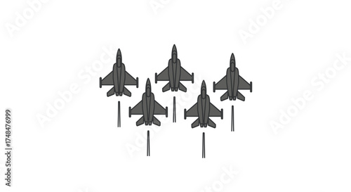 Five Dark Gray Fighter Jets Flying in Formation.