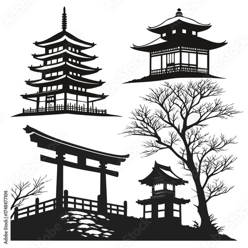 Four black silhouette designs of Japanese architecture and nature