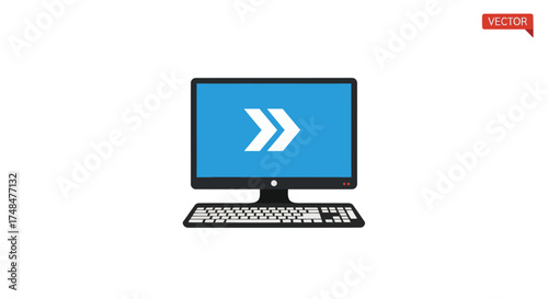 Modern Desktop Computer Displaying Forward Arrow Symbol.