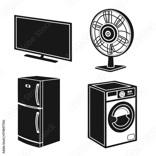 Four black silhouette home appliances on white background