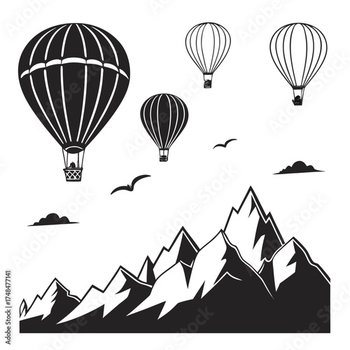 Four black silhouette hot air balloons over mountains