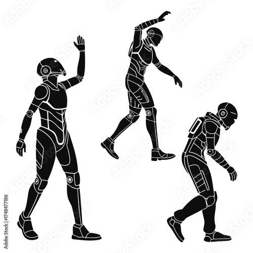 Four black silhouette humanoid robot figures in motion