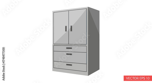 Gray Metal Storage Cabinet with Doors and Drawers.