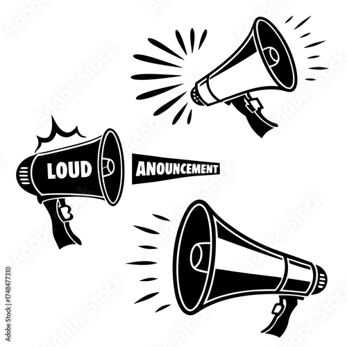 Four black silhouette megaphones with sound waves and text