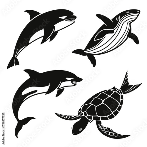 Four black silhouette marine animals orcas whale turtle