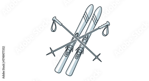 A hand-drawn black and white illustration of crossed alpine skis and ski poles.