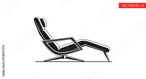 Modern Black and White Reclining Lounge Chair Illustration.