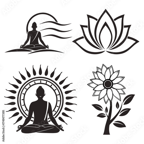 Four black silhouette vector designs meditation lotus flower sun