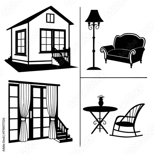 Four black silhouette vector designs of house exterior and interior elements