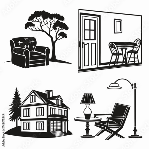Four black silhouette vector designs of house interiors and exteriors