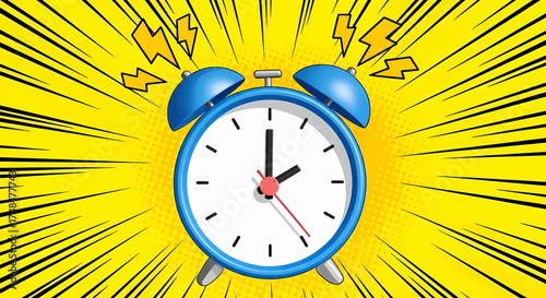 Pop art alarm clock in comic style on an explosion background. A retro design showing a ringing wake up alarm