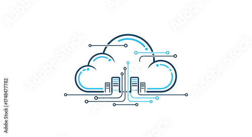 Cloud computing network server technology line art illustration.