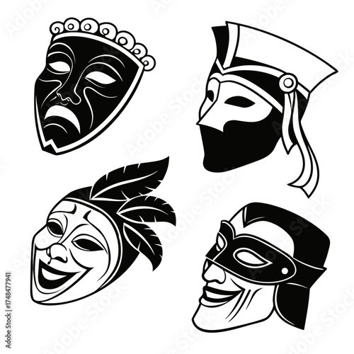 Four black silhouette vector designs of theatrical masks