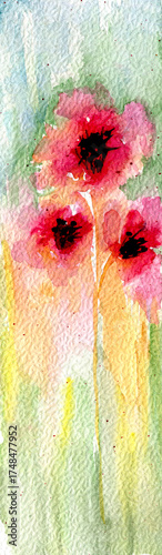 dipinto di fiori rossi ad acquerello su sfondo astratto multicolore