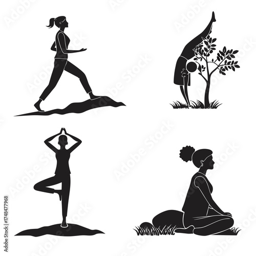 Four black silhouette vector designs of women in yoga poses