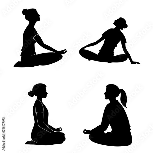 Four black silhouette vector designs of women meditating