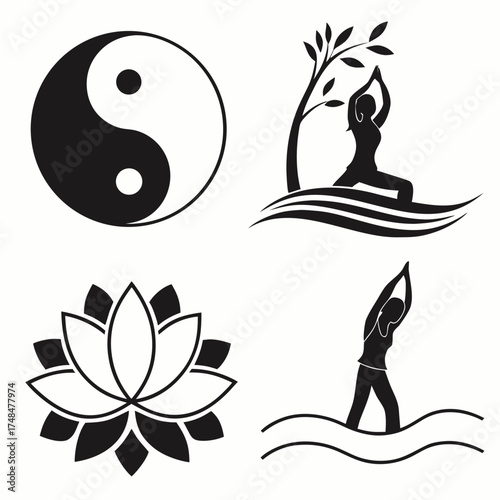 Four black silhouette vector designs yoga lotus yin yang 1