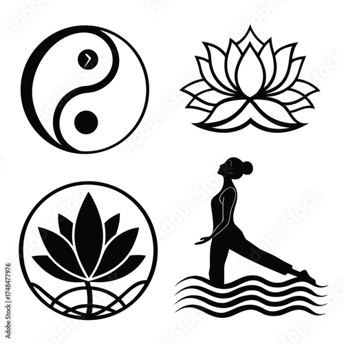 Four black silhouette vector designs yoga lotus yin yang