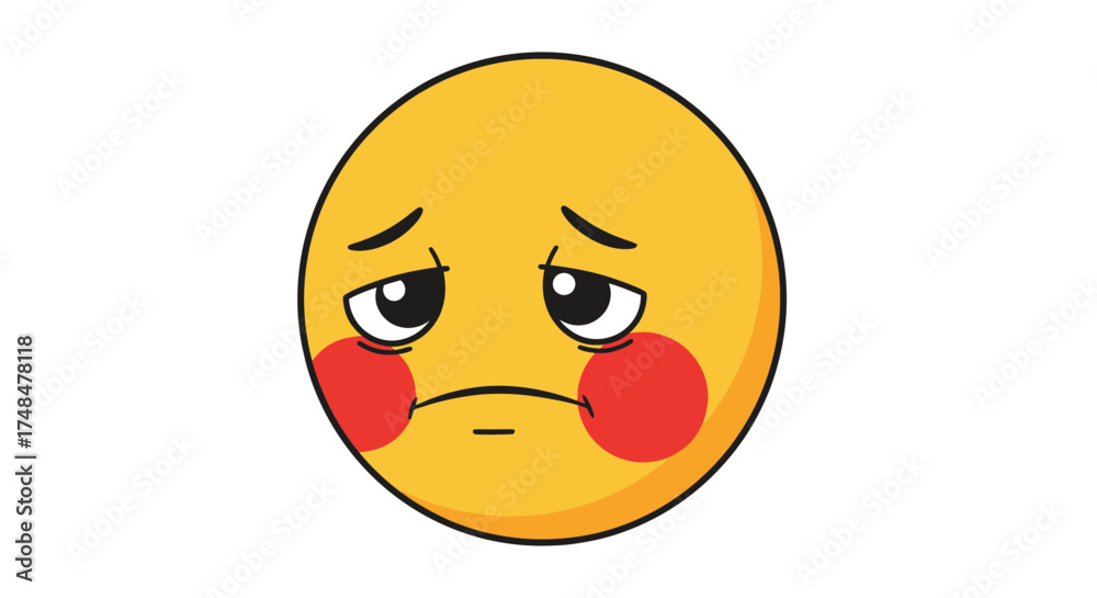 Fototapeta premium A sad and disappointed yellow emoji with droopy eyes and blushing red cheeks.