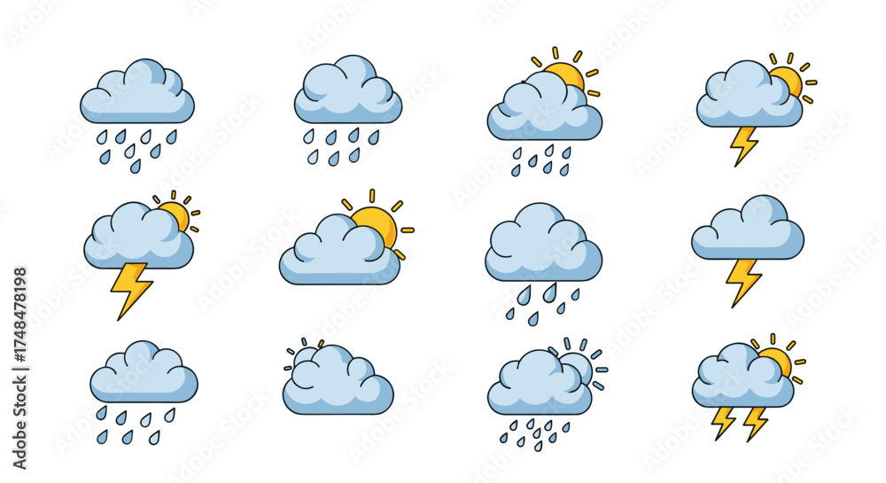 Obraz premium A collection of twelve cartoon weather icons featuring clouds and various atmospheric phenomena like rain lightning and sunshine.