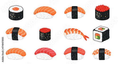 A colorful collection of sushi pieces and rolls displayed in a grid pattern.
