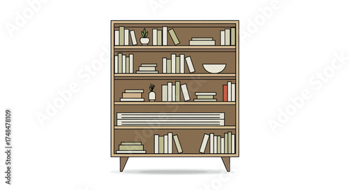 A tall wooden bookshelf filled with various books and decorative items.