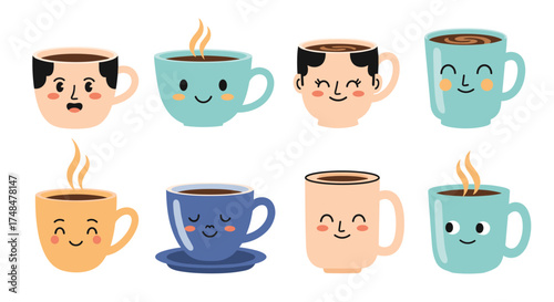 A collection of cute and colorful coffee cups with happy faces.