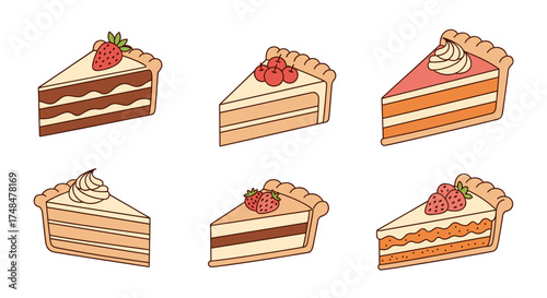 A delightful assortment of six delicious layered cake slices each with unique toppings.