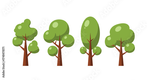A collection of stylized green trees with brown trunks depicted against a white background.