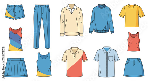 A collection of casual summer clothing items for men and women including shorts skirts shirts and sweaters.